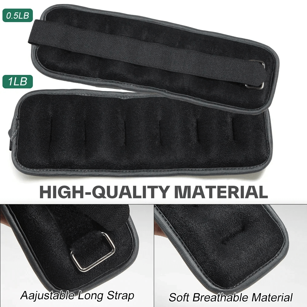 Black adjustable ankle weights featuring high-quality soft, breathable material and long strap for strength training. 1LB and 0.5LB shown.